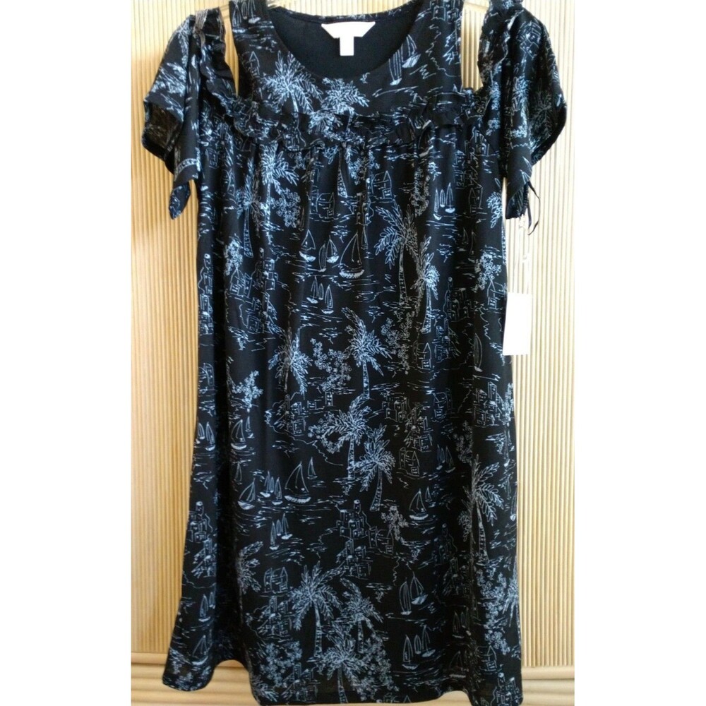 Lauren Conrad Women's Dress Small Cold-Shoulder Blue Tropical Palm Trees Ruffle